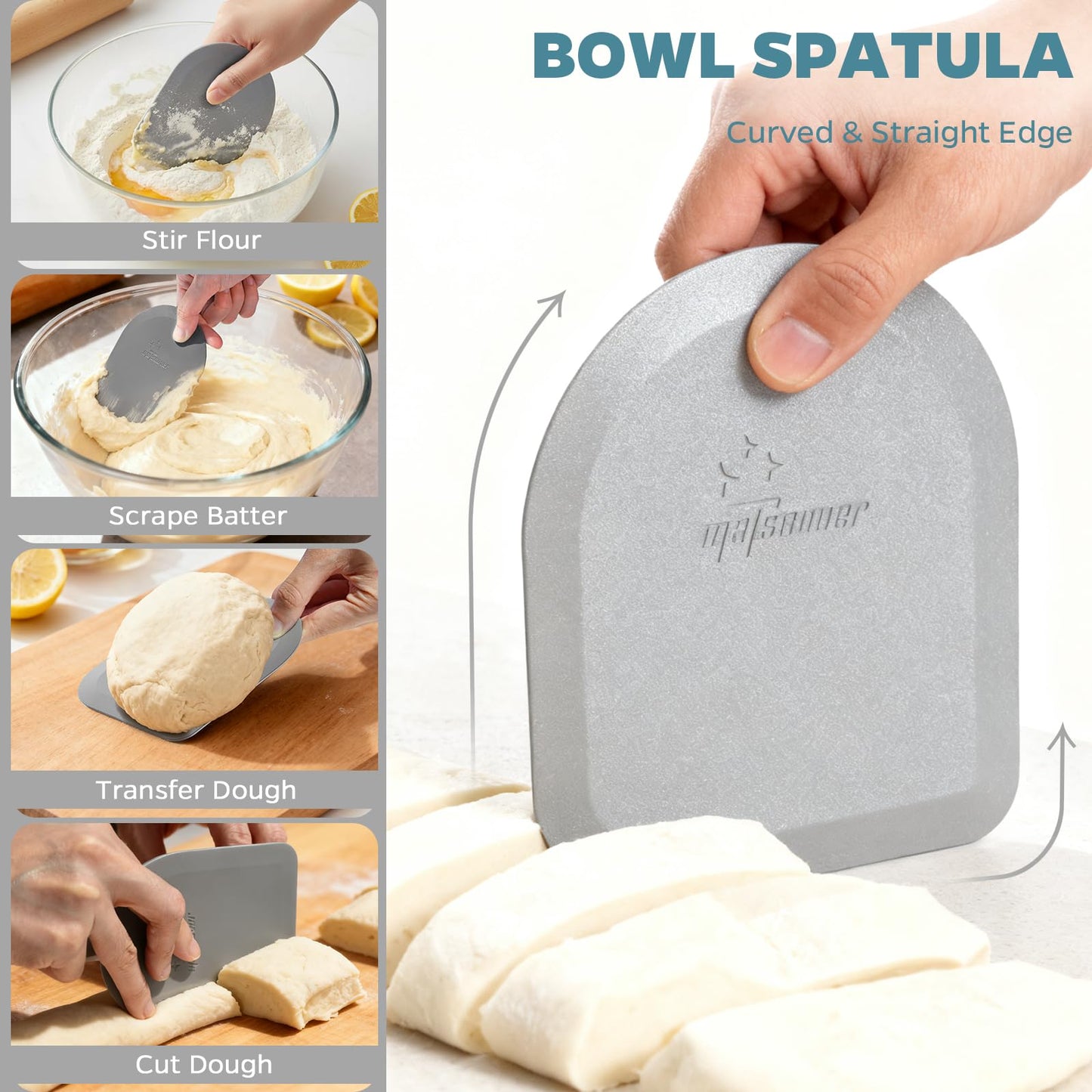 Bowl Scraper Dough Scraper Tool - Set of 2 Silicone Bench Scraper for Baking, Kitchen Pastry Scraper for Bread, Cake, Batter, cheese, Cream, Honey, Jam, Food Scraper with Curved Edge, Blue & Grey