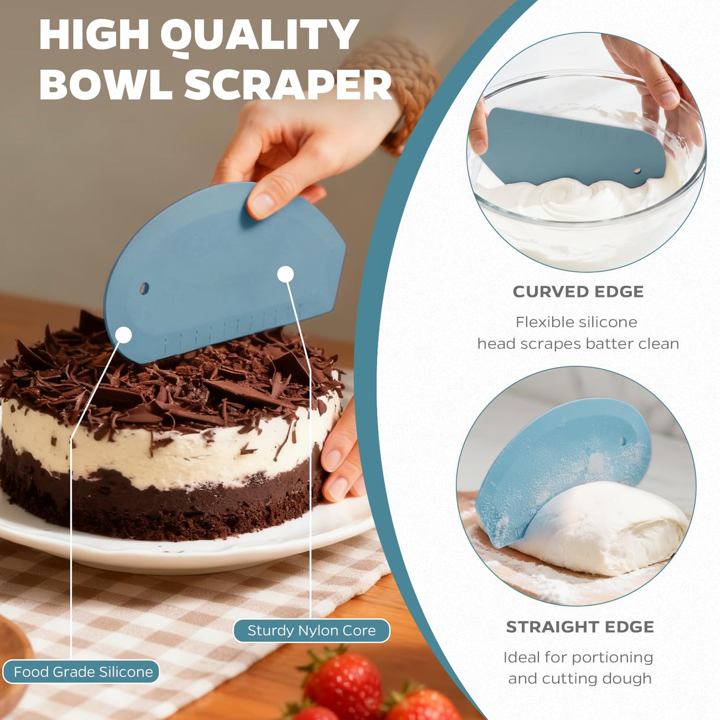 Bowl Scraper Dough Scraper Tool - Set of 2 Silicone Bench Scraper for Baking, Kitchen Pastry Scraper for Bread, Cake, Batter, cheese, Cream, Honey, Jam, Food Scraper with Curved Edge, Blue & Grey