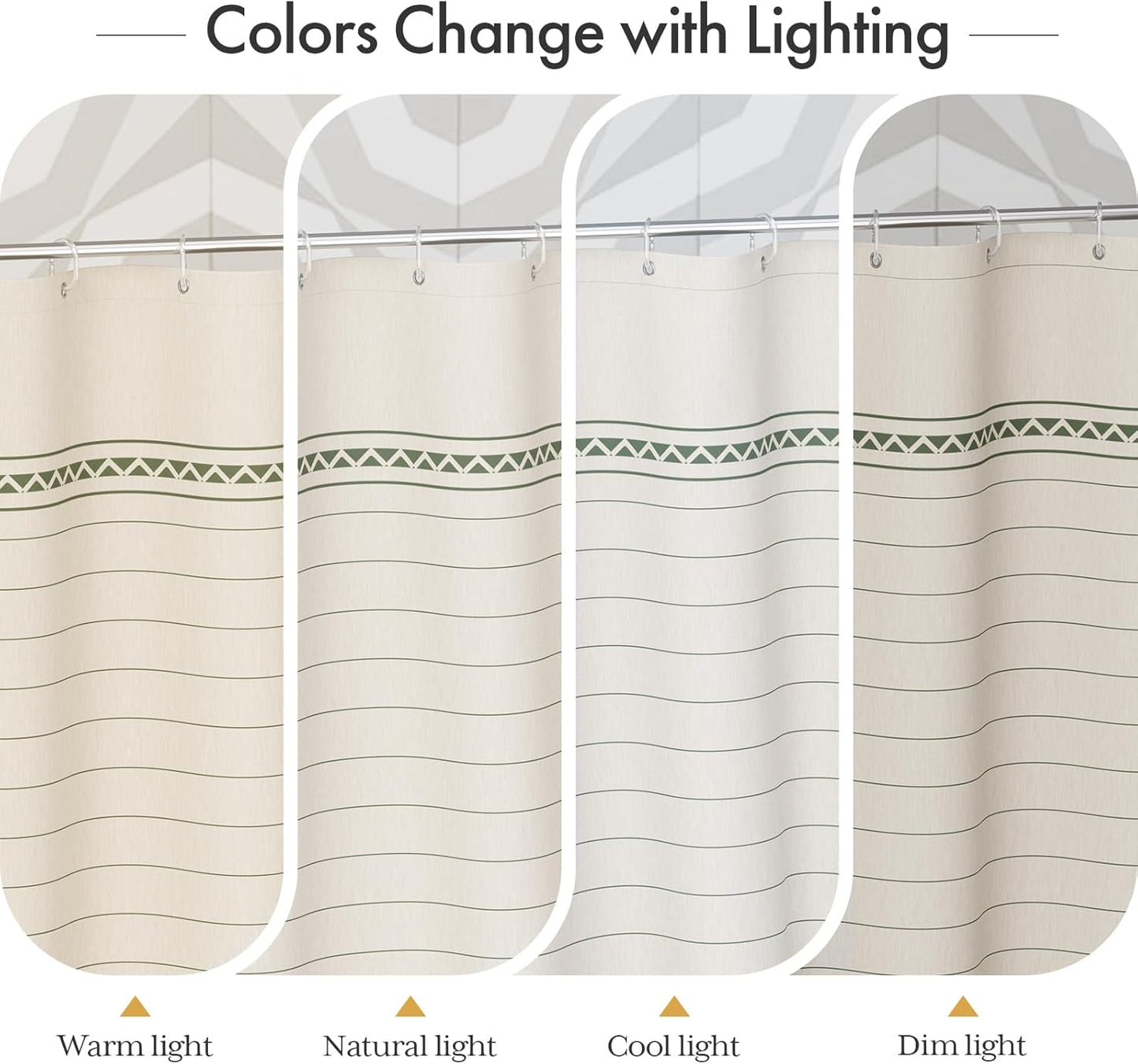 AmazerBath Boho Shower Curtain, Modern Farmhouse Shower Curtain Set with Tassels, Rustic Faux Linen Green Striped Shower Curtain with Hooks, Light Tan Toned