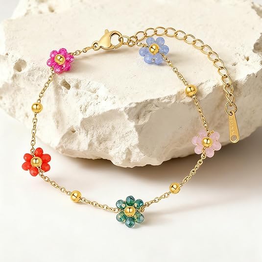 Bohemian Beaded Necklace and Bracelet Set for Women, Colorful/Pink/Green/Rose