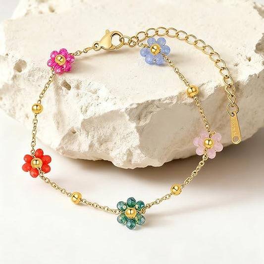 Bohemian Beaded Necklace and Bracelet Set for Women, Colorful/Pink/Green/Rose