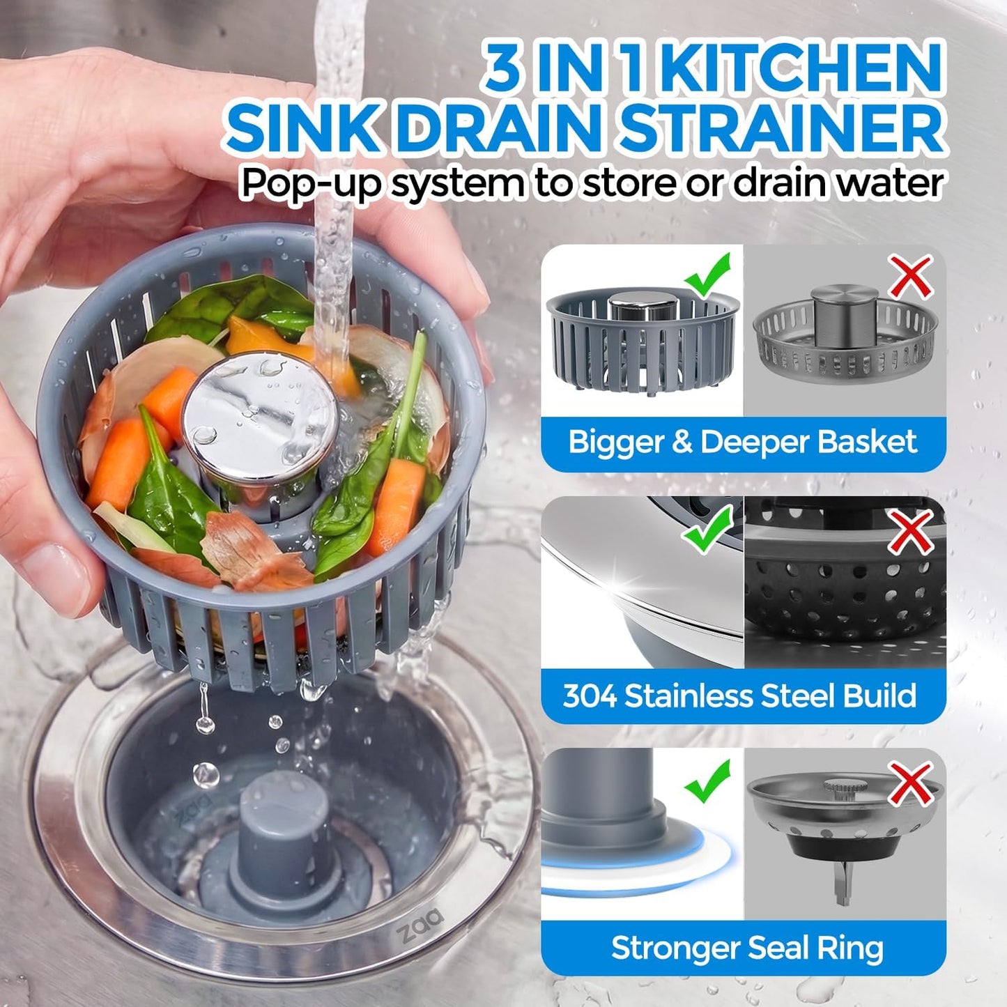 Sink Drain Strainer - Sink Stopper Kitchen Drain, 3 in 1 Kitchen Sink Drain Strainer with Anti-Clogging Basket, Kitchen Gadgets