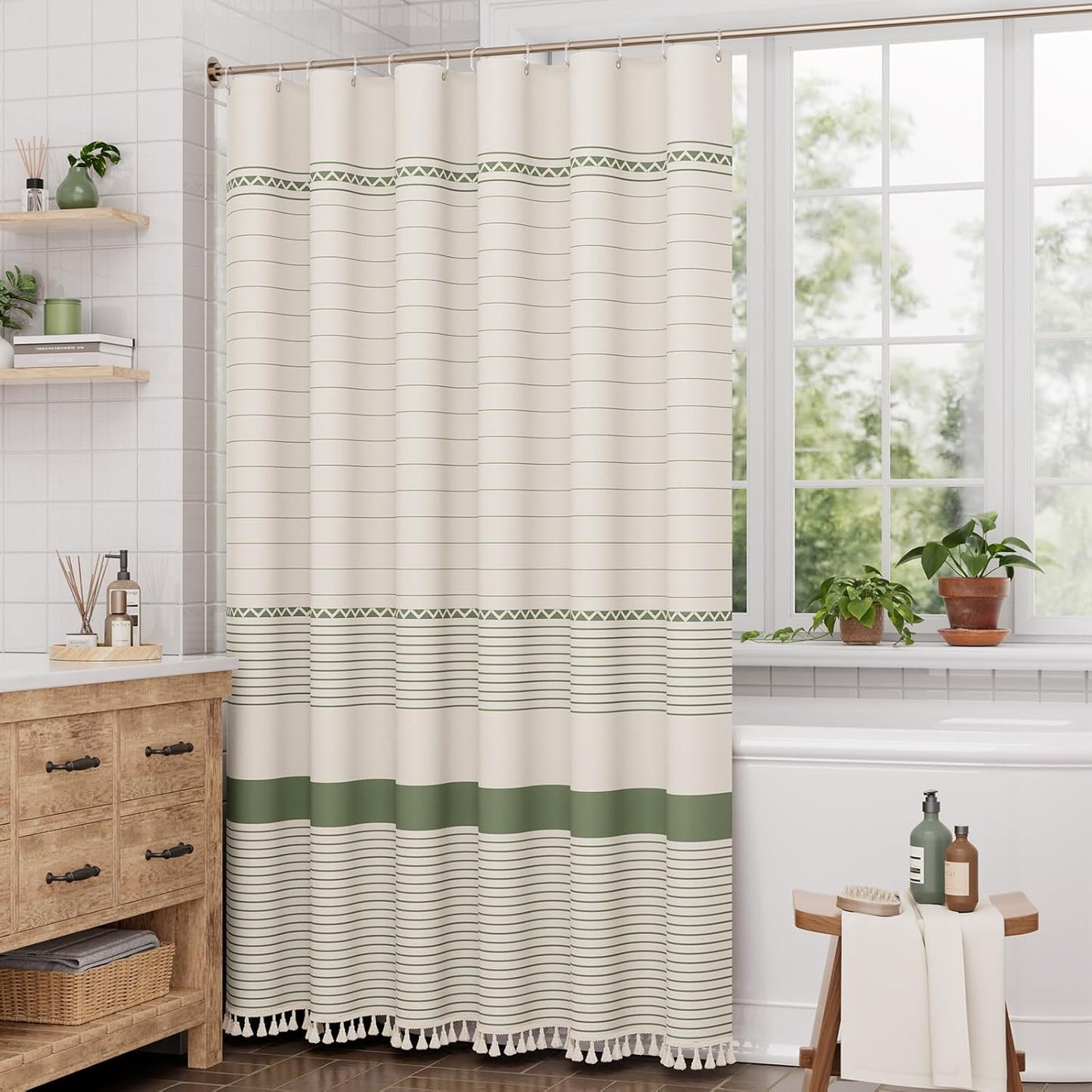AmazerBath Boho Shower Curtain, Modern Farmhouse Shower Curtain Set with Tassels, Rustic Faux Linen Green Striped Shower Curtain with Hooks, Light Tan Toned