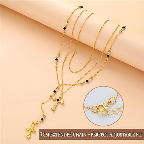 4PCS Layered Gold Cross Necklaces for Women Trendy, Bohemian Bead Pearl Y Long Pendant Necklace Set, Vintage Rosary Necklace Stack Adjustable Length