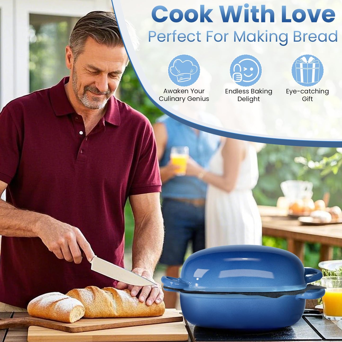 Cast Iron Dutch Bread Oven - 2.5QT Dutch Oven for Sourdough Bread Baking, Cast Iron Bread Loaf Pan with Perforated Non-Stick Silicone Liner, Blue Oval Bread Baking Pan, Gift for Family & Baker