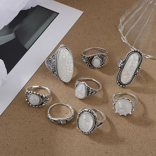 8 Pcs/set Alloy Opal Stone Carving Transparent White Vintage Bohemian Jewelry Inset Joint Ring Women Ring Sets