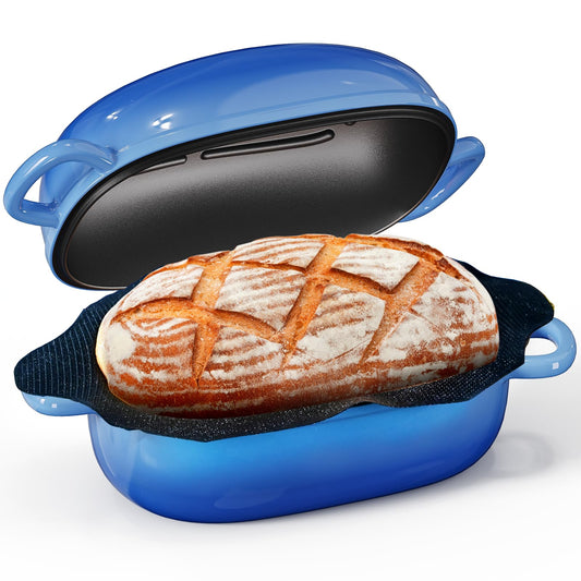 Cast Iron Dutch Bread Oven - 2.5QT Dutch Oven for Sourdough Bread Baking, Cast Iron Bread Loaf Pan with Perforated Non-Stick Silicone Liner, Blue Oval Bread Baking Pan, Gift for Family & Baker