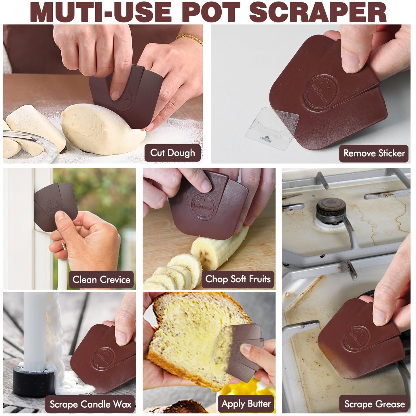 Pan Scraper Dish Scraper Tool - Pot Scraper Plastic for Cast Iron Skillet Cookware Cleaning, 6 Pcs Non Scratch Plastic Food Scraper Tool Kitchen, Heat Resistant Kitchen Scraper, Brown