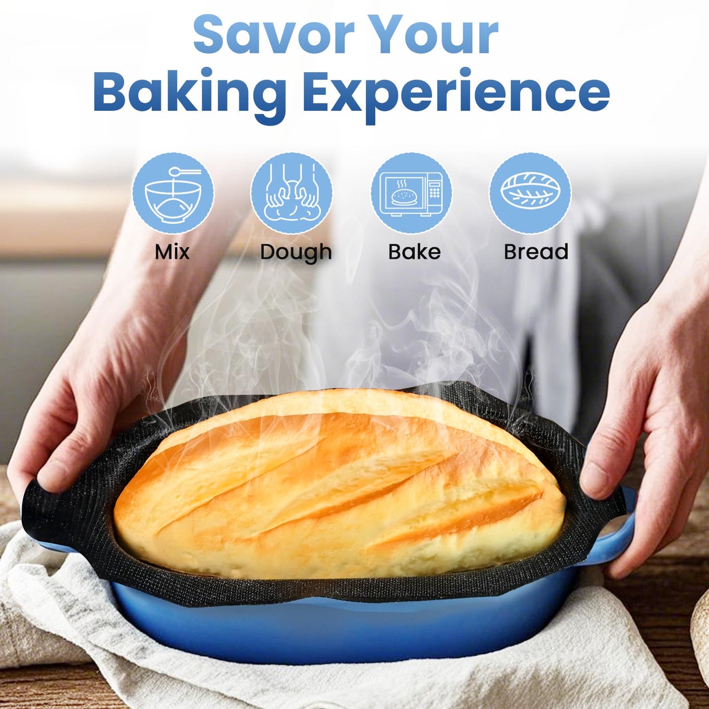 Cast Iron Dutch Bread Oven - 2.5QT Dutch Oven for Sourdough Bread Baking, Cast Iron Bread Loaf Pan with Perforated Non-Stick Silicone Liner, Blue Oval Bread Baking Pan, Gift for Family & Baker