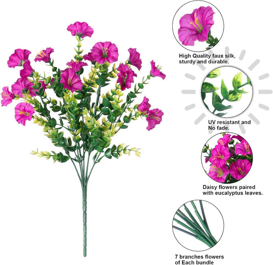 Artificial Flowers Fake Plants for Outdoors Decoration, 12 Bundles Silk Morning Glory with Eucalyptus Realistic UV Resistant Faux Flowers for Outside Planter Porch Yard Patio Garden Home Indoor, Mix