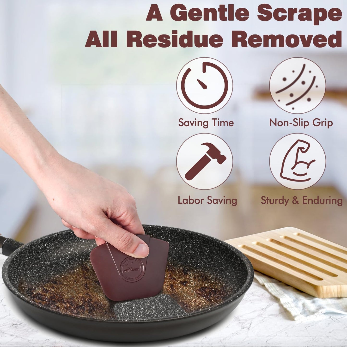 Pan Scraper Dish Scraper Tool - Pot Scraper Plastic for Cast Iron Skillet Cookware Cleaning, 6 Pcs Non Scratch Plastic Food Scraper Tool Kitchen, Heat Resistant Kitchen Scraper, Brown