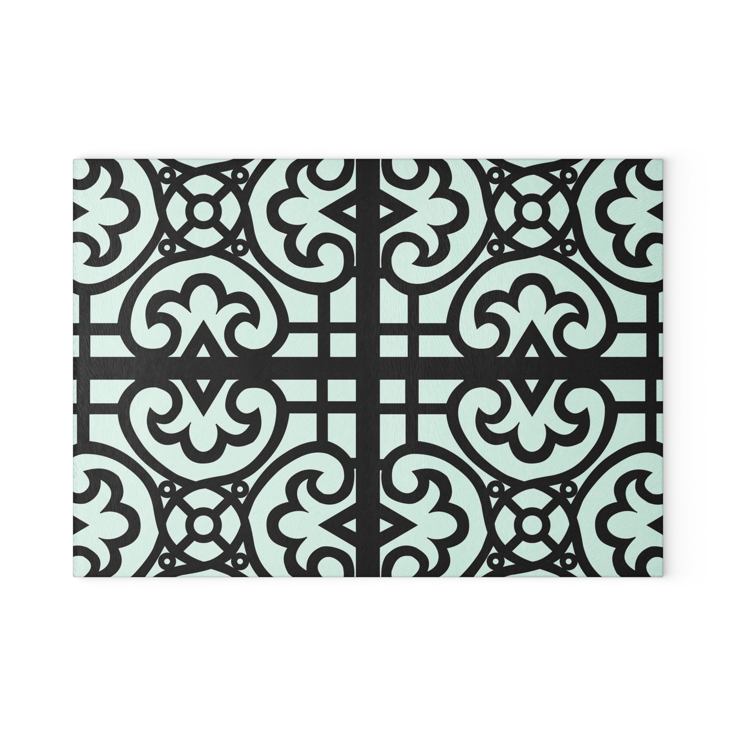 Glass Cutting Board — Decorative Moroccan Tile Pattern in Mint & Black