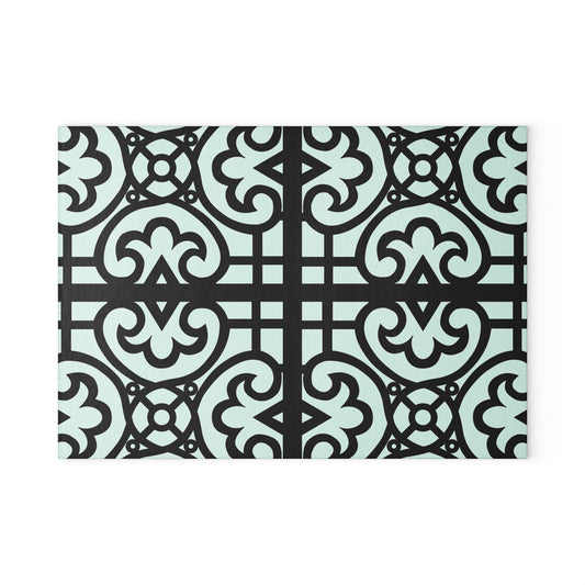 Glass Cutting Board — Decorative Moroccan Tile Pattern in Mint & Black