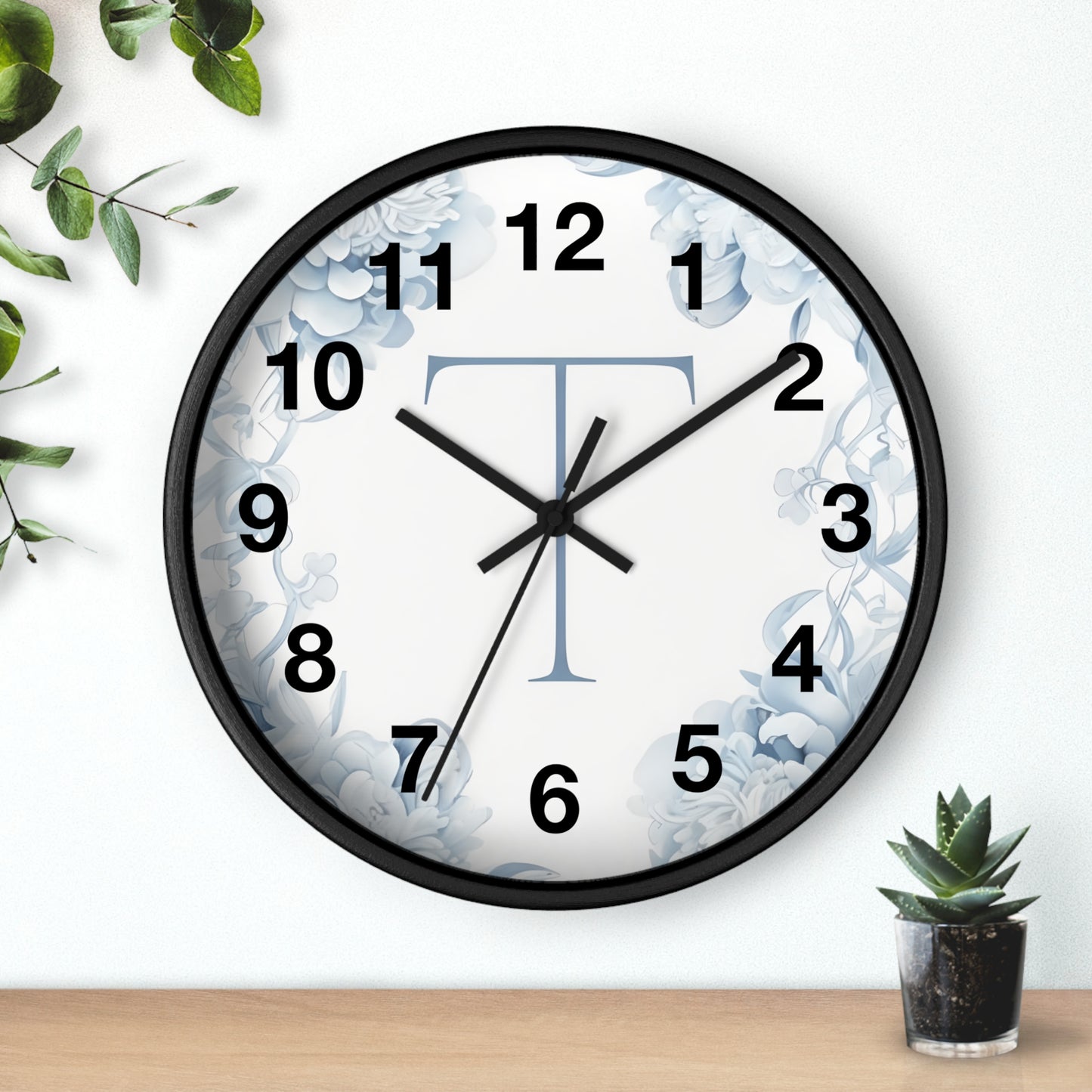Monogram T Floral Wall Clock — Elegant Blue Initial T Home Decor