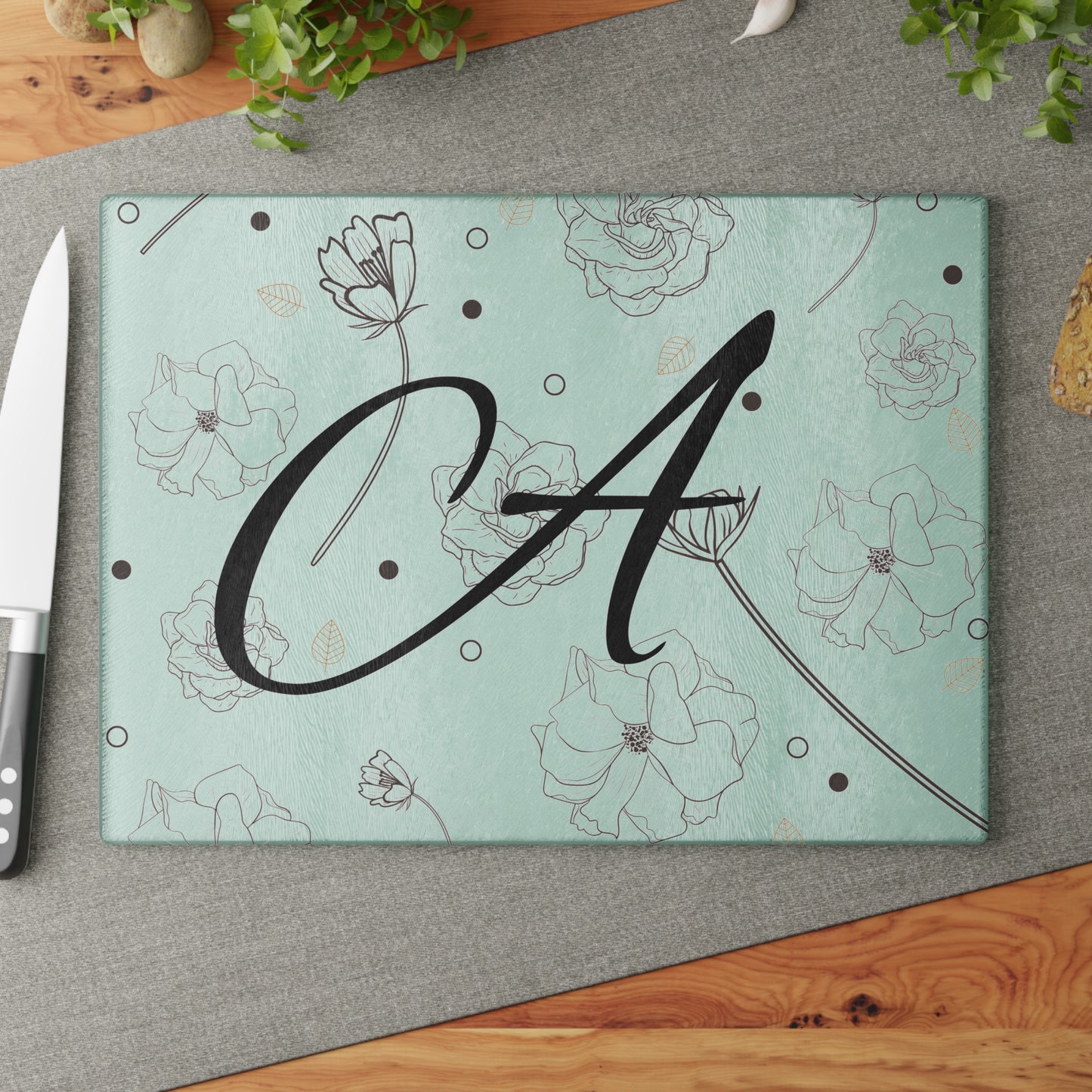 Personalized Floral Glass Cutting Board - Letter A