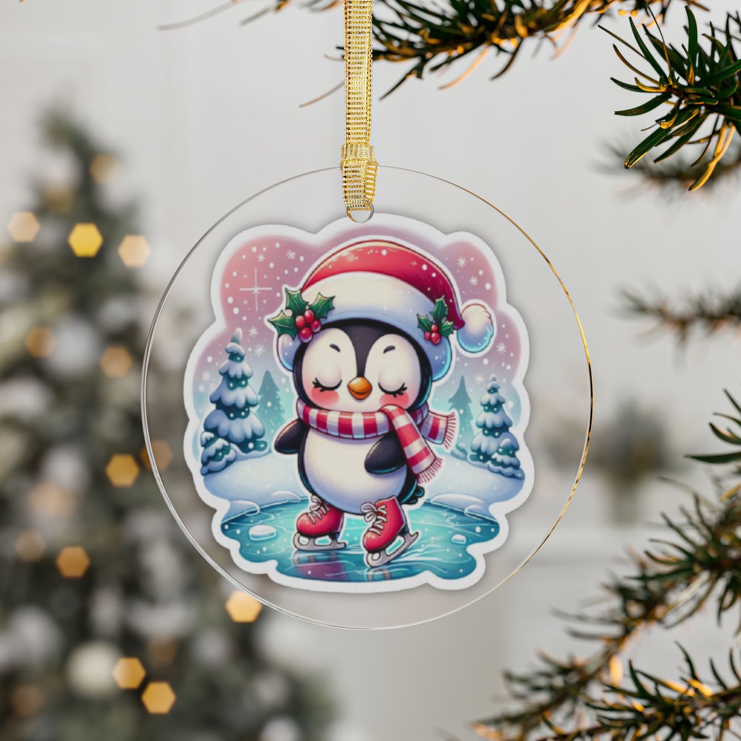 Penguin Ice Skating Acrylic Ornament — Cute Holiday Christmas Tree Decoration