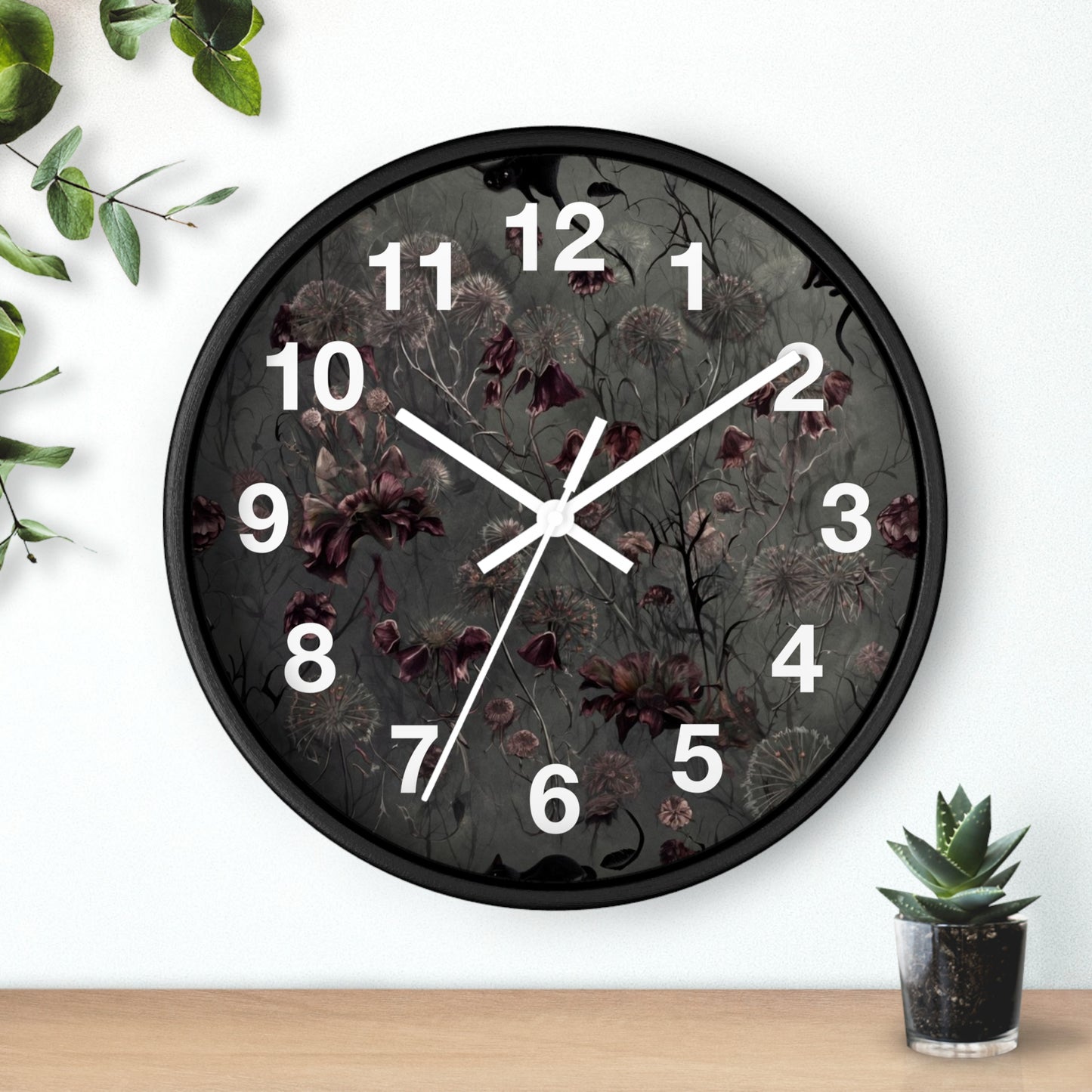 Vintage Dark Floral Wall Clock — Moody Botanical Timepiece with Large Numerals