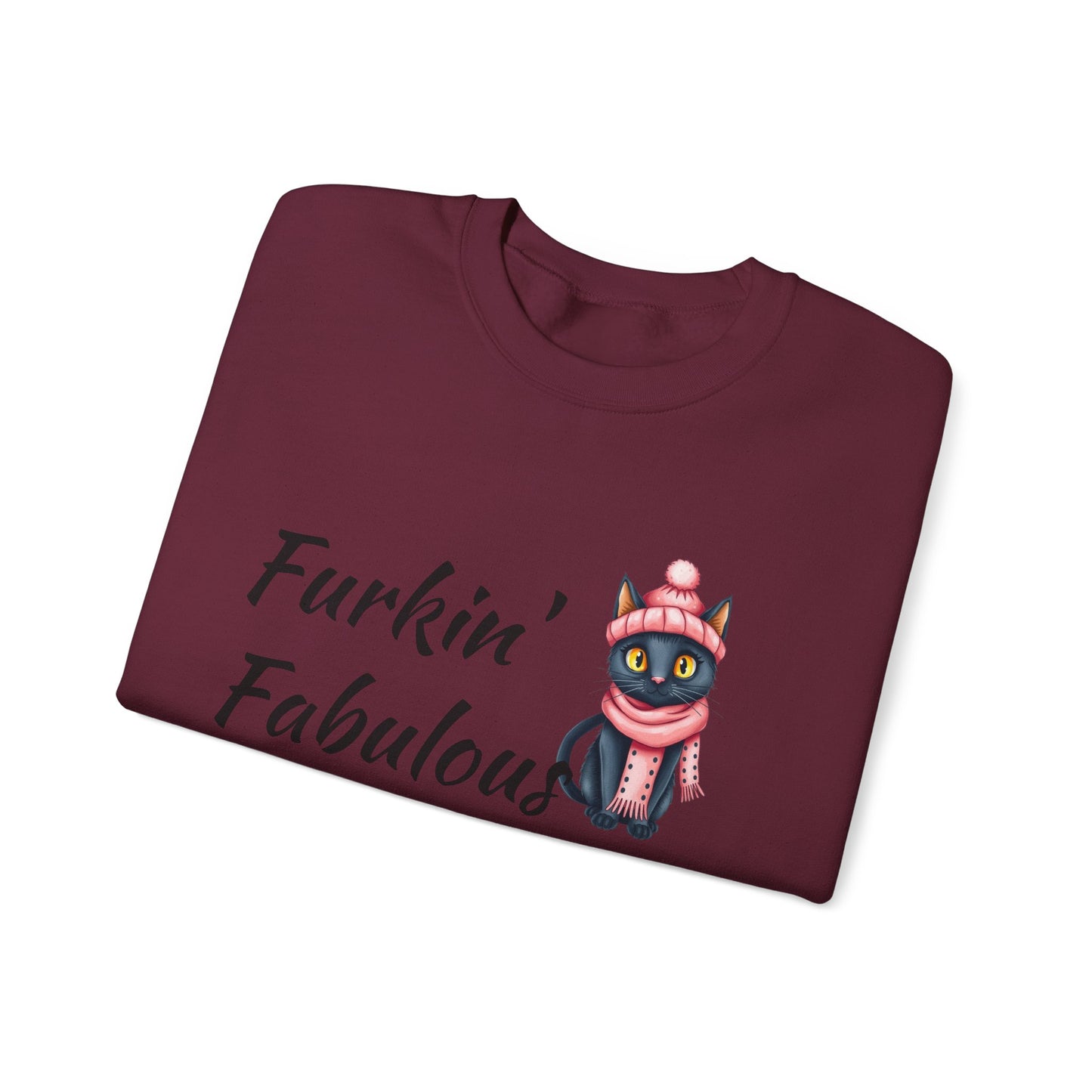 Crewneck Sweatshirt — "Furkin' Fabulous" Cute Black Cat in Pink Hat & Scarf