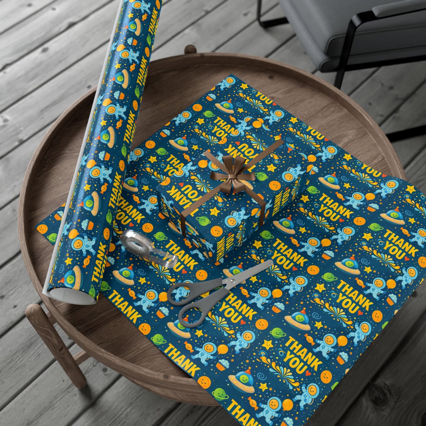 Gift Wrap Paper - 'Thank You' Space Party Pattern (Blue)