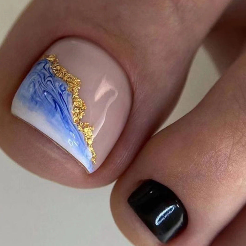 Press-on toenails seawater blue color scheme Nail art fairy white fake nails spring and summer Press-on toenails beauty