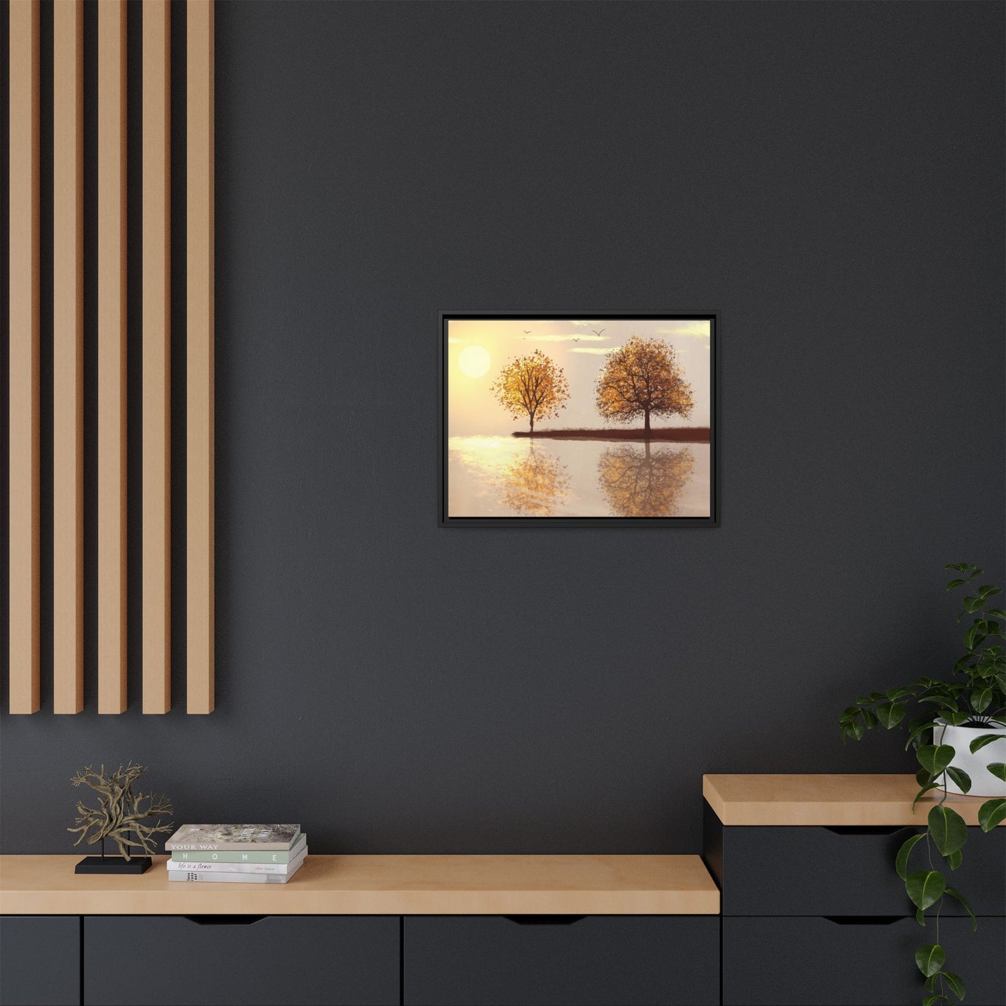Framed Matte Canvas Wall Art — Golden Autumn Trees Reflection