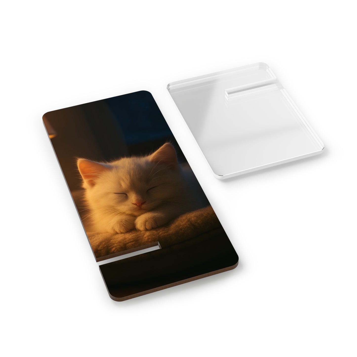 Cute Sleeping Cat Phone Stand — Acrylic Mobile Display Stand for Smartphones