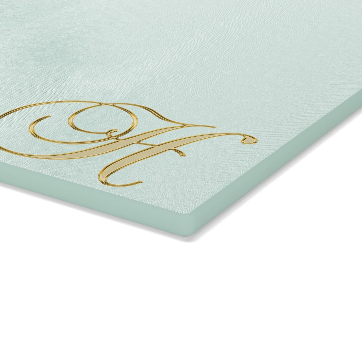 Monogram Glass Cutting Board — Mint with Gold Script "H"