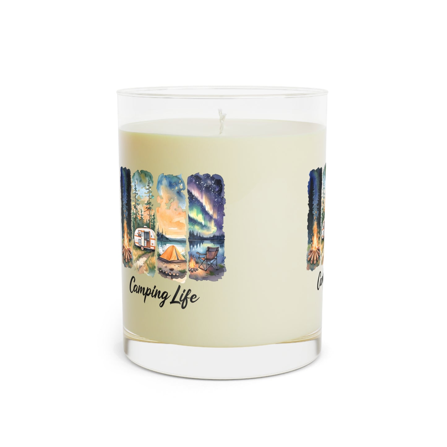 Camping Life Scented Candle — 11oz Glass Candle with Campfire & Northern Lights Design