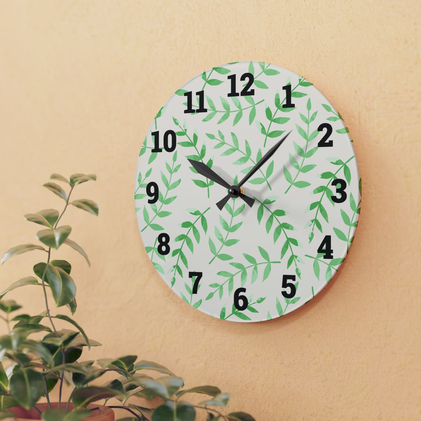 Elegant Leaf Pattern Acrylic Wall Clock, Modern Home Decor