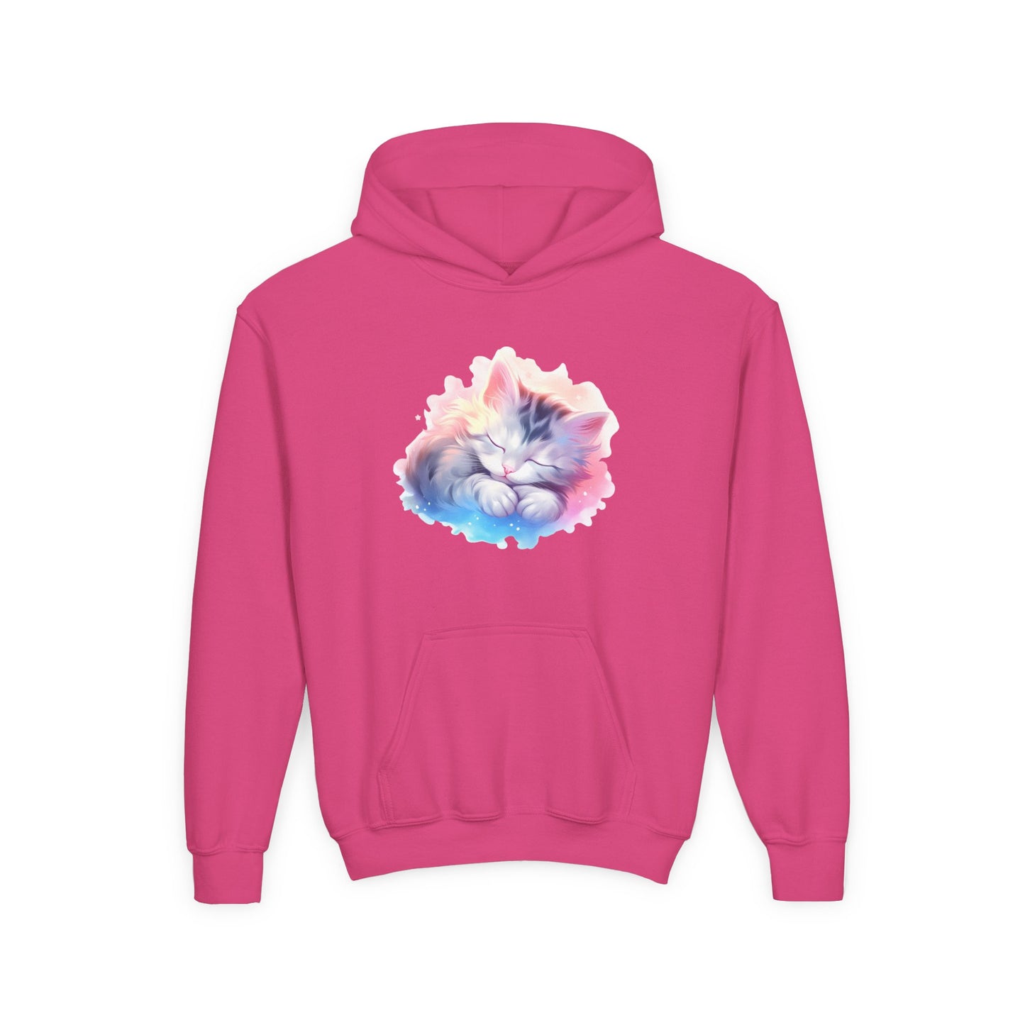 Kids' Cozy Rainbow Kitten Hoodie — Cute Sleeping Cat Youth Sweatshirt