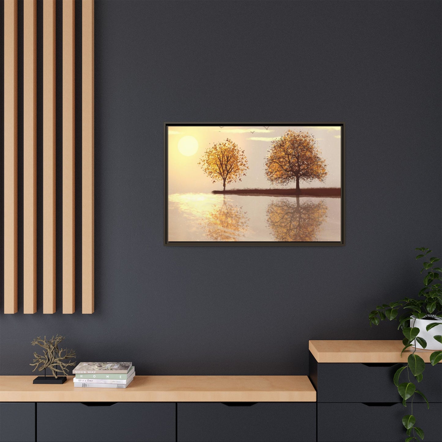 Framed Matte Canvas Wall Art — Golden Autumn Trees Reflection