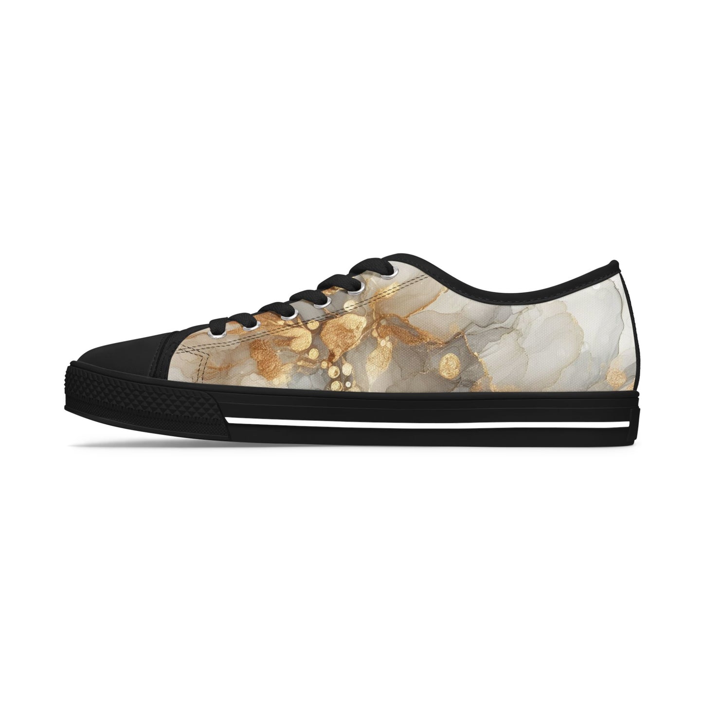 Gold Marble Women's Low Top Sneakers — Abstract Metallic Swirl Casual Shoes