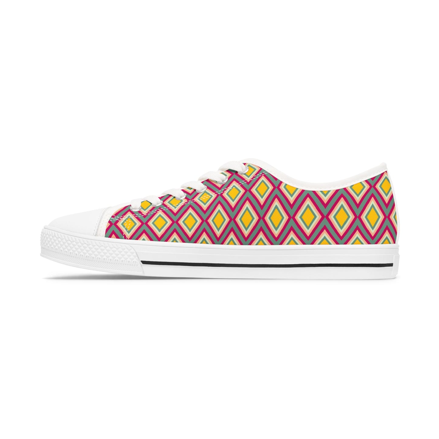 Low Top Sneakers — Retro Diamond Pattern Pink Yellow Casual Women's Shoes