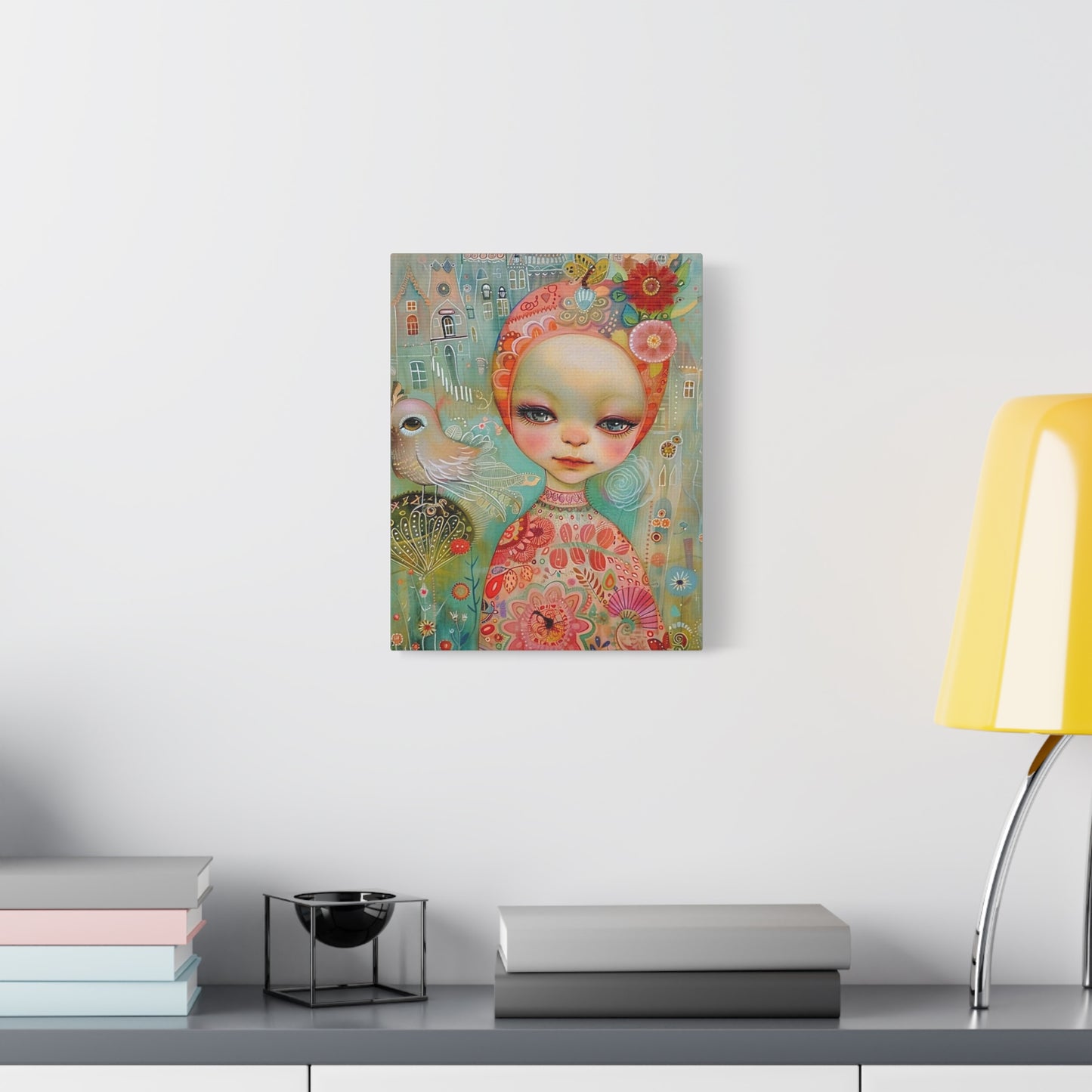 Whimsical Girl & Bird Matte Canvas Wall Art — Stretched Decorative Painting