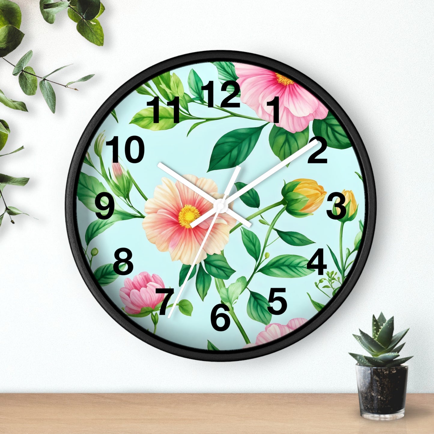 Floral Cottage Wall Clock — Pastel Pink & Green Garden Design