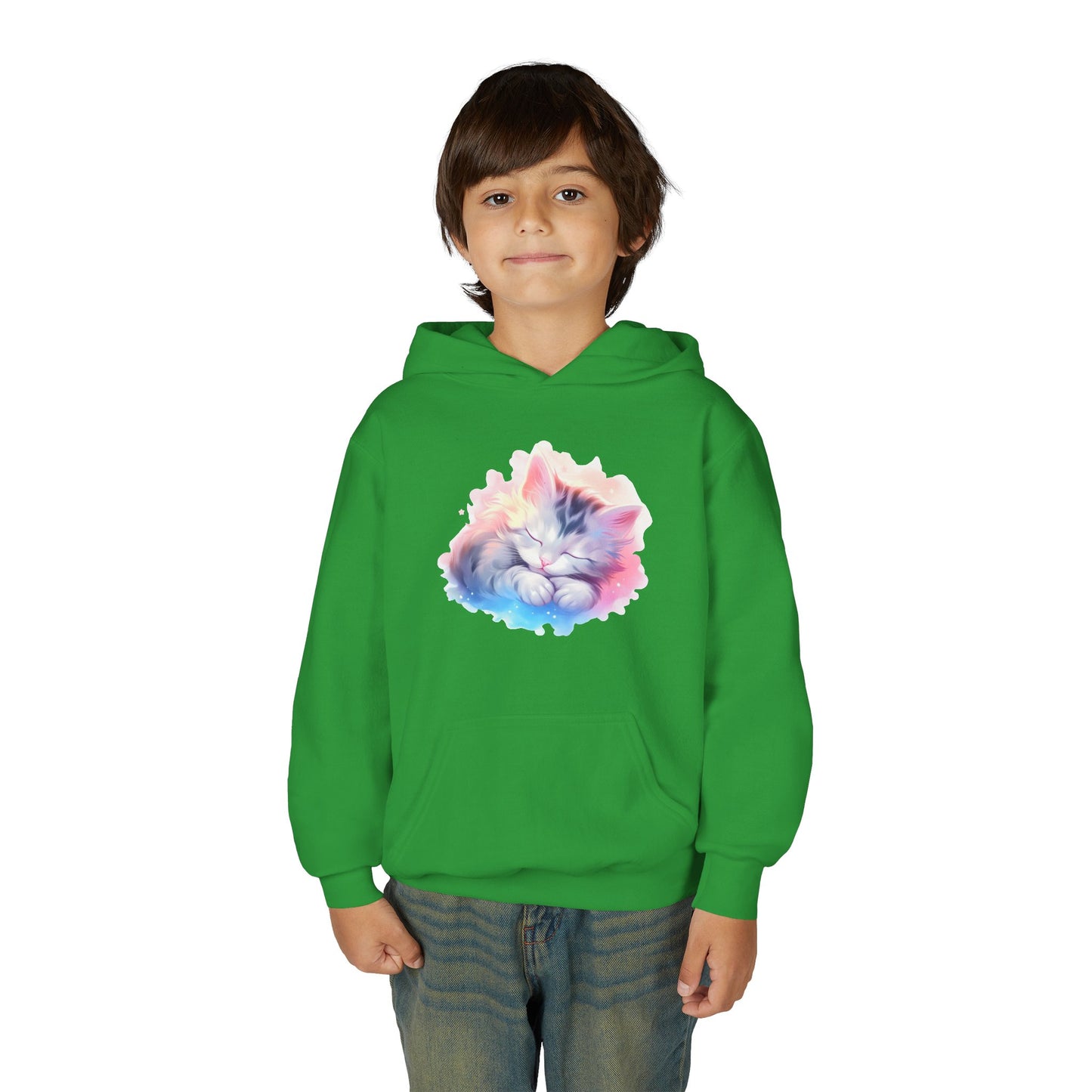 Kids' Cozy Rainbow Kitten Hoodie — Cute Sleeping Cat Youth Sweatshirt