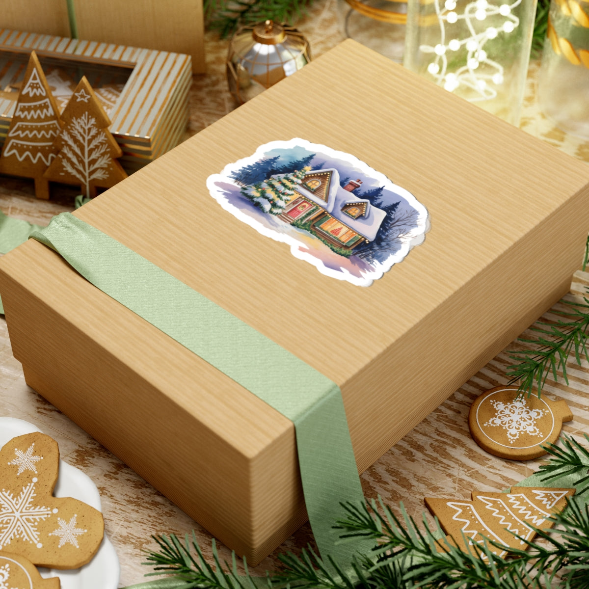 Cozy Snowy Cottage Kiss-Cut Sticker — Holiday Winter Home Decal