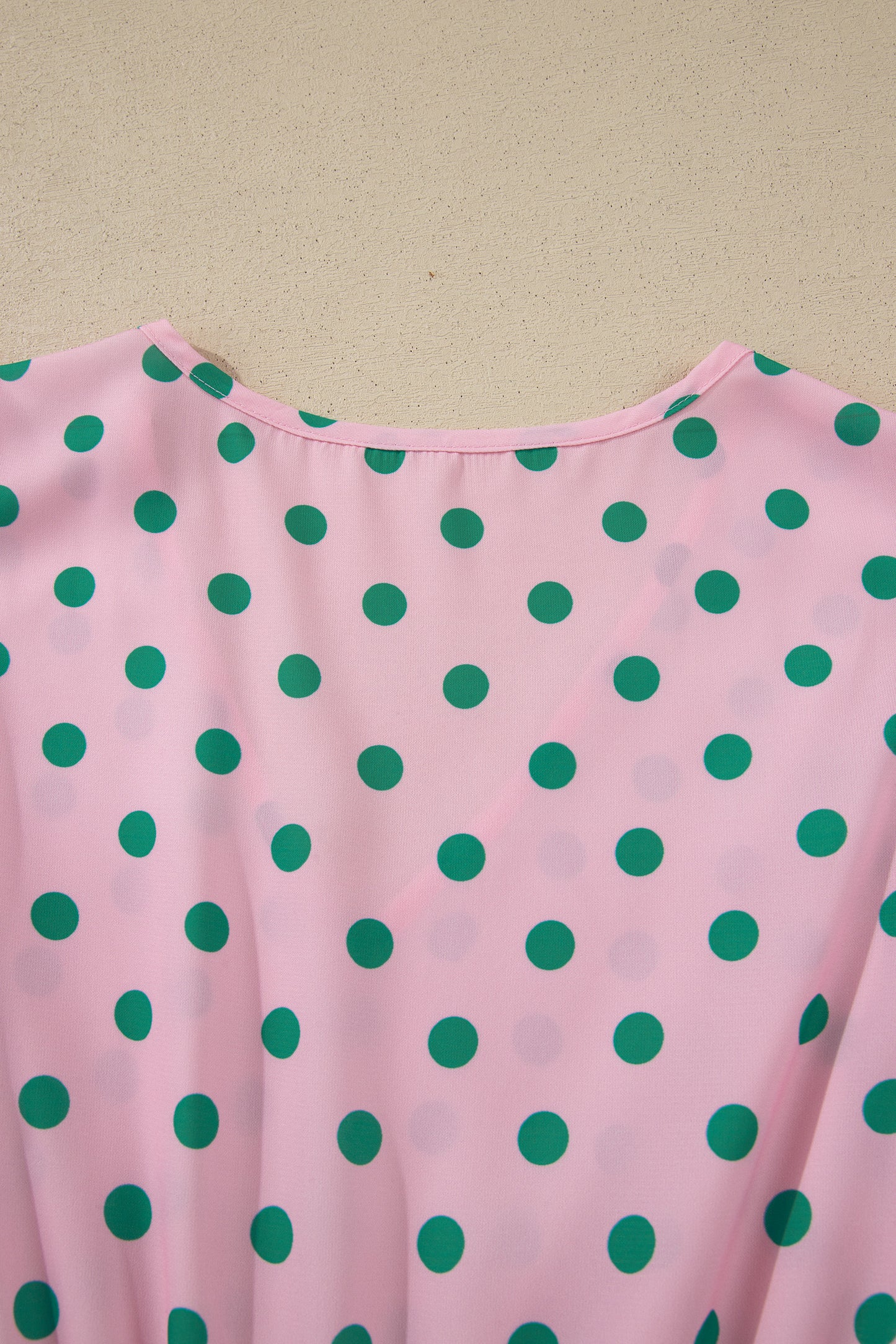 Pink V Neck Polka Dot Print Drawstring Tiered Babydoll Blouse