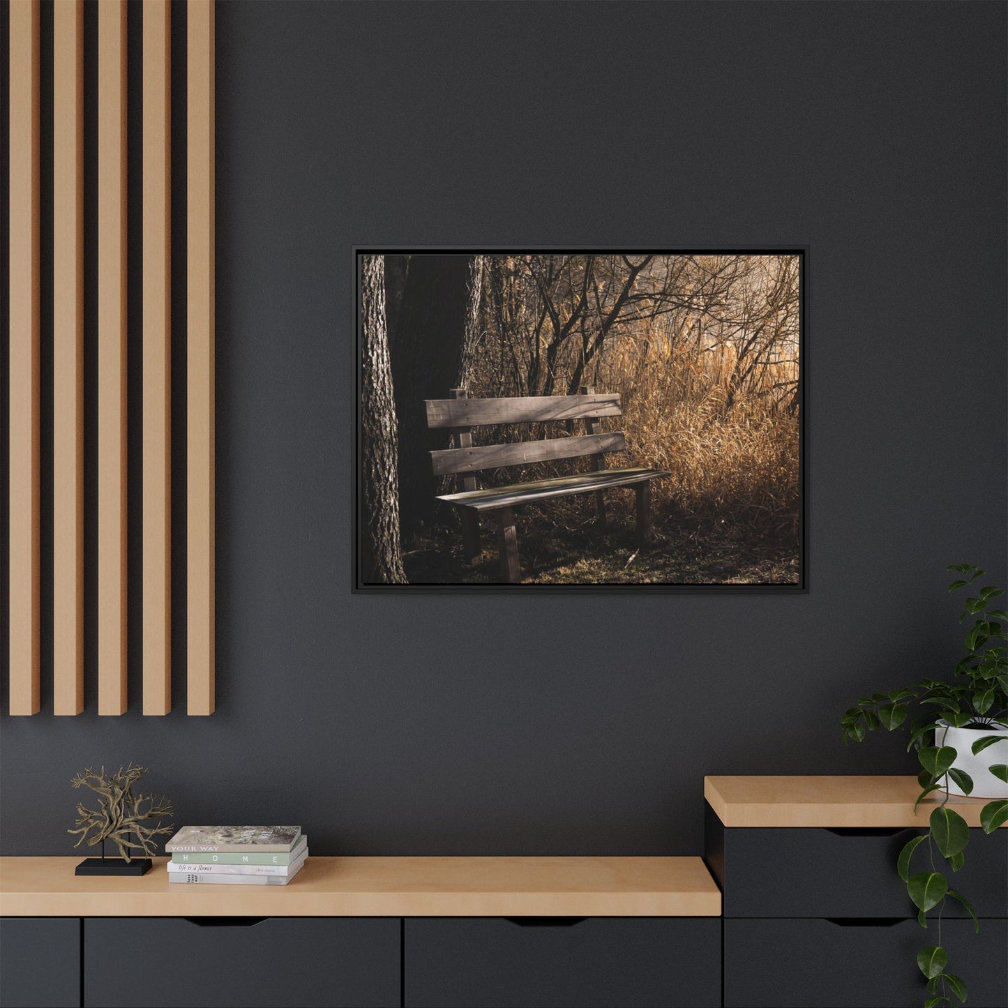 Framed Matte Canvas Print — Autumn Park Bench Photography