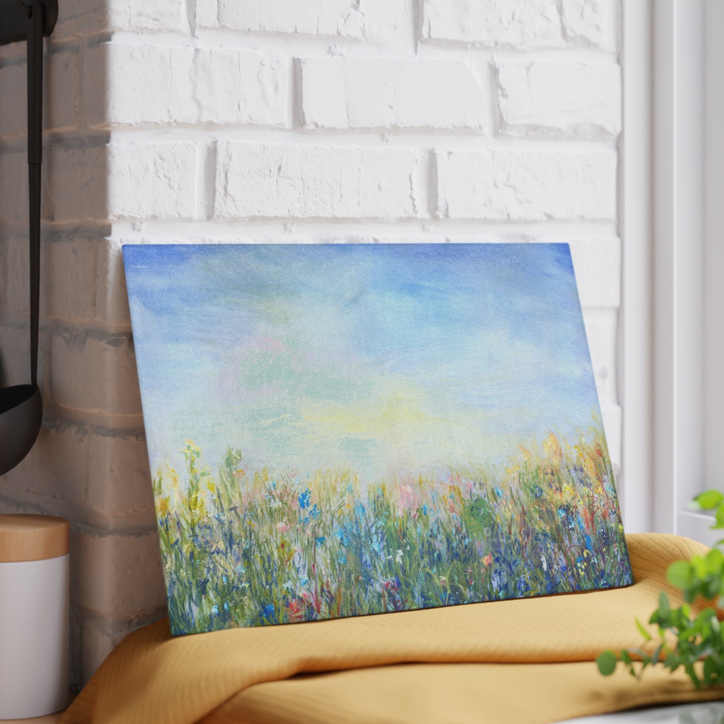 Glass Cutting Board — Soft Pastel Wildflower Meadow Print