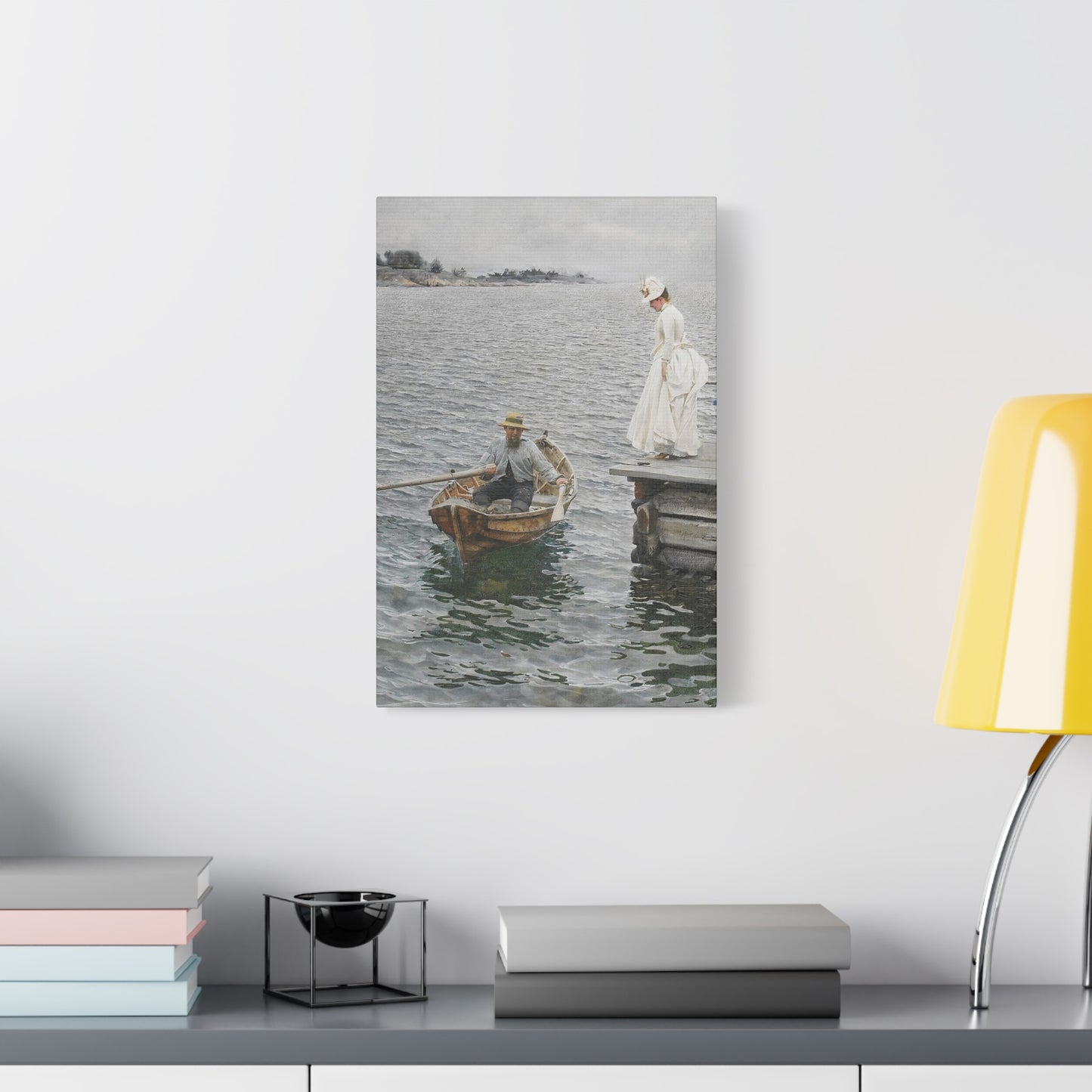 Seaside Stroll Canvas Print — Vintage Woman & Rowboat Matte Stretched Art 1.25"