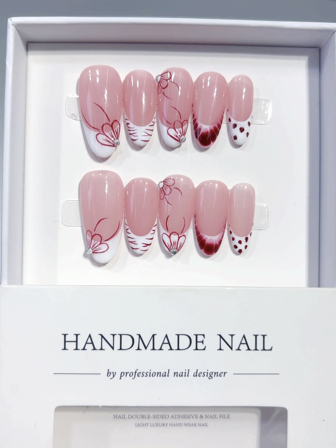Red Bloom: "Nude Red Floral" – Almond Shape Handmade Press-On Nails – Image 6