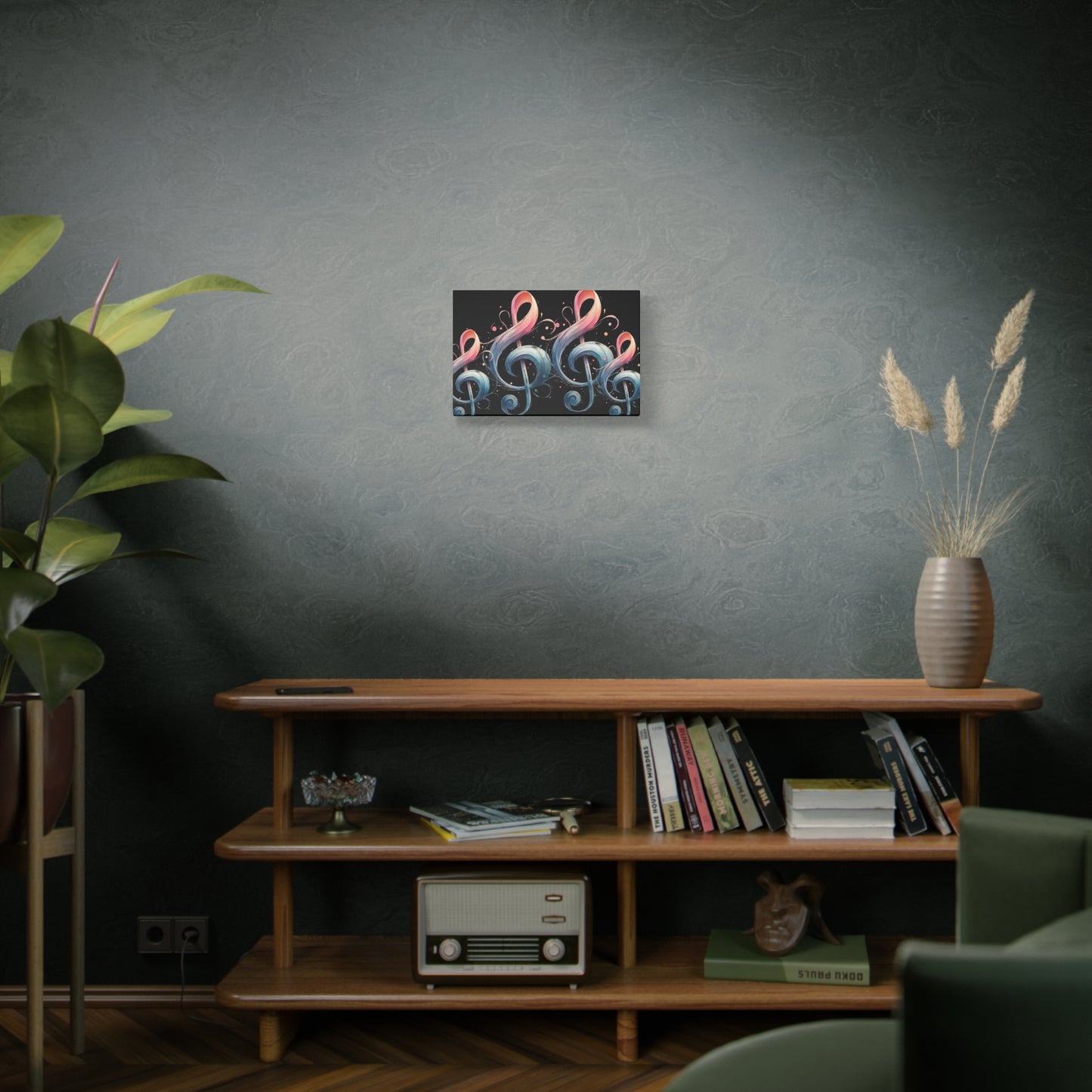 Musical Treble Clef Canvas Wall Art — Pastel Ribbon Notes on Black