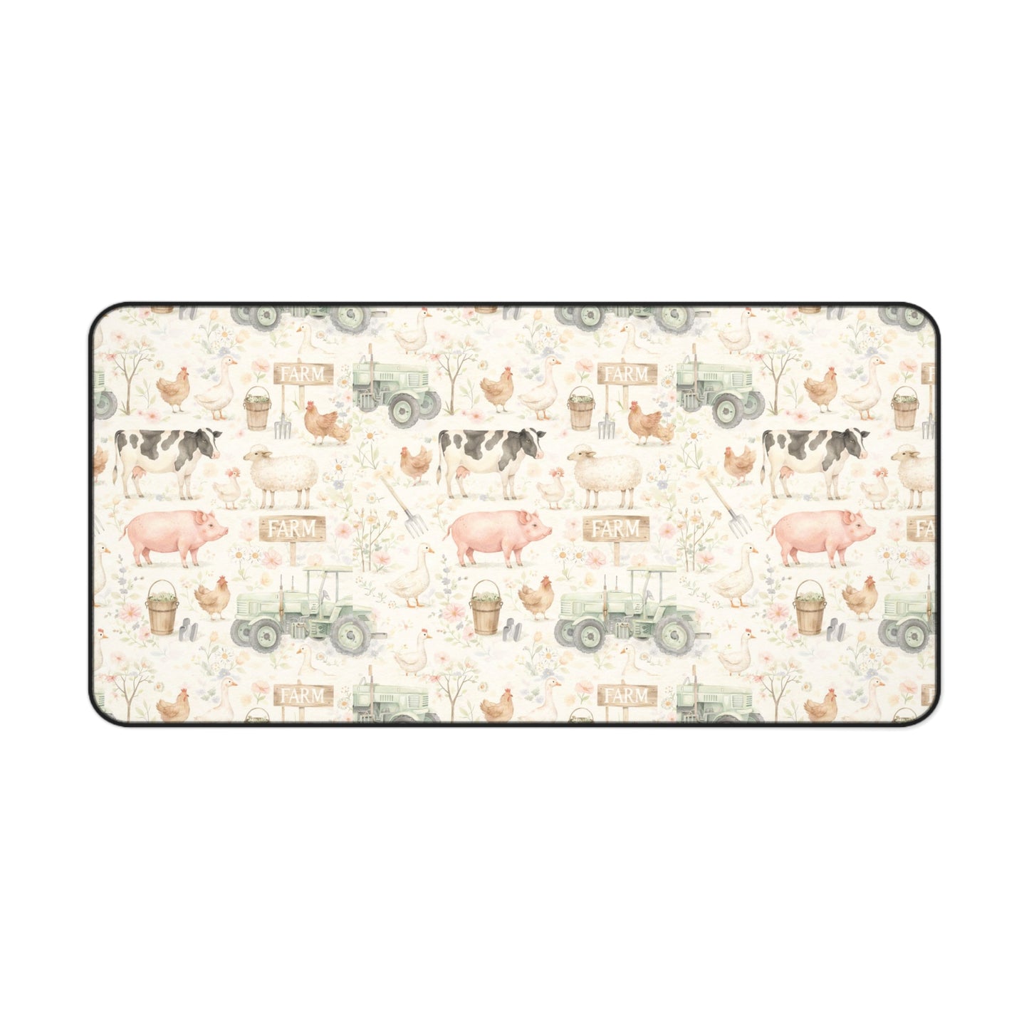 Farmhouse Animals Desk Mat — Vintage Tractor, Pig & Chicken Pattern