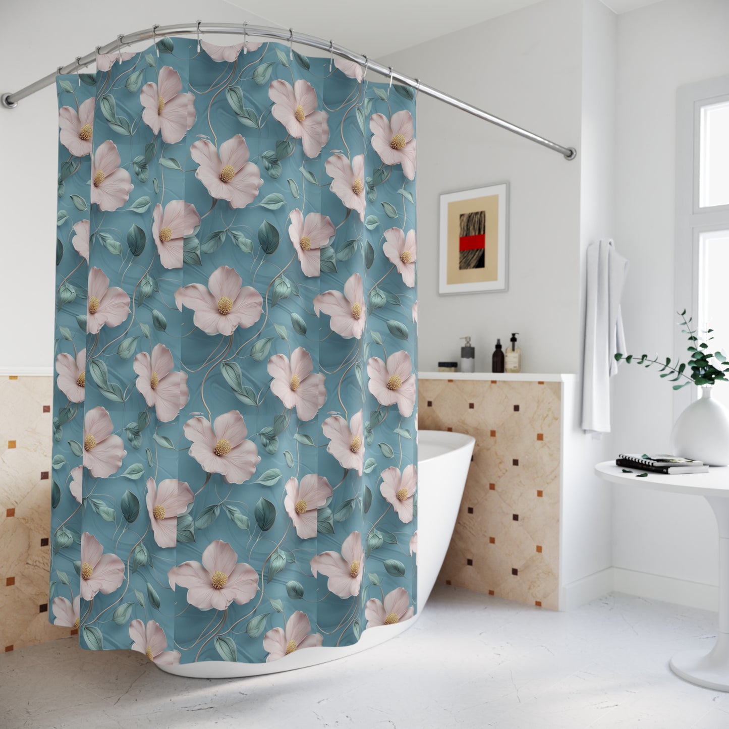 Floral Shower Curtain – Pink Blossoms on Teal Botanical Bathroom Decor