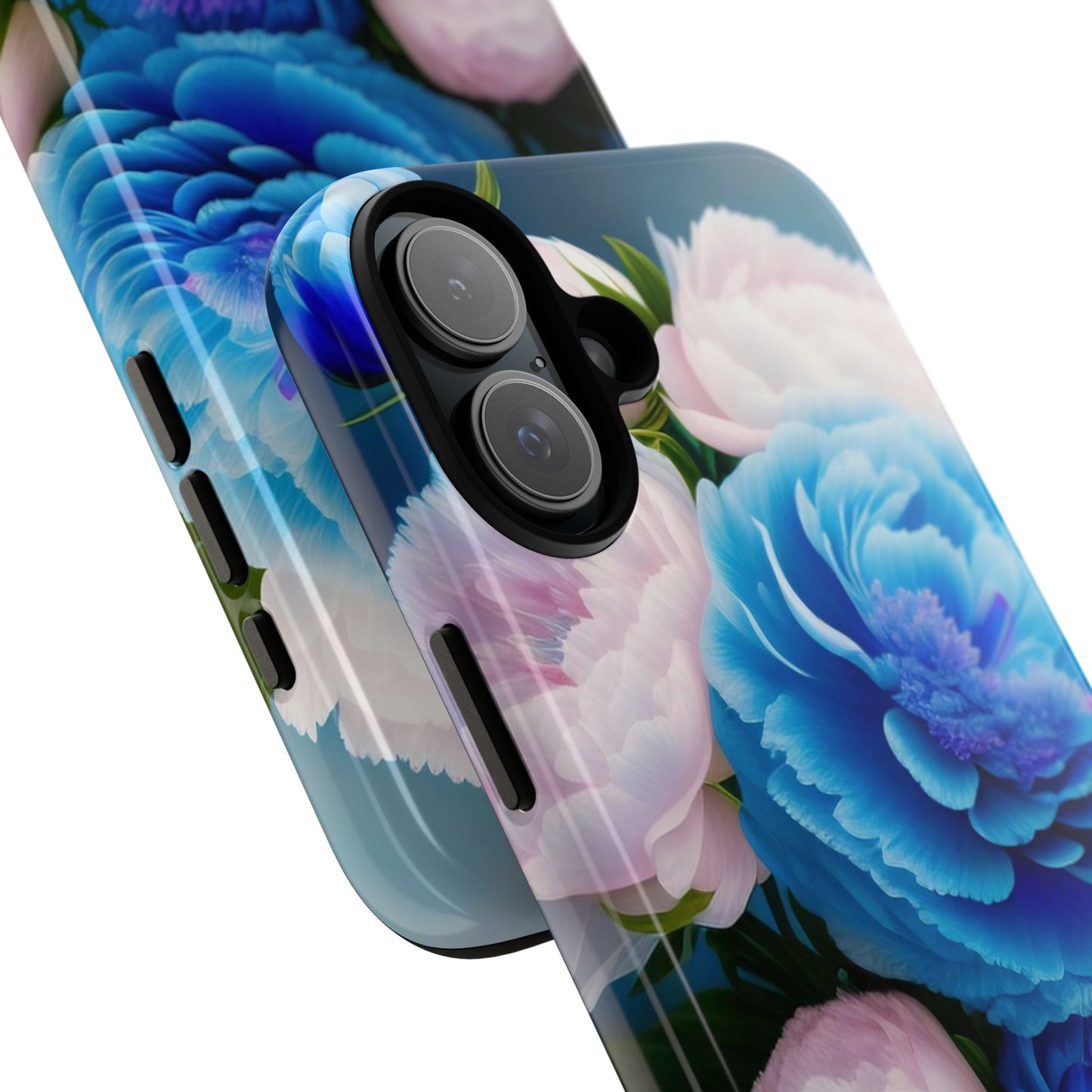 Floral Blue Peony Phone Case — Protective Tough Case with Pink & Blue Blooms