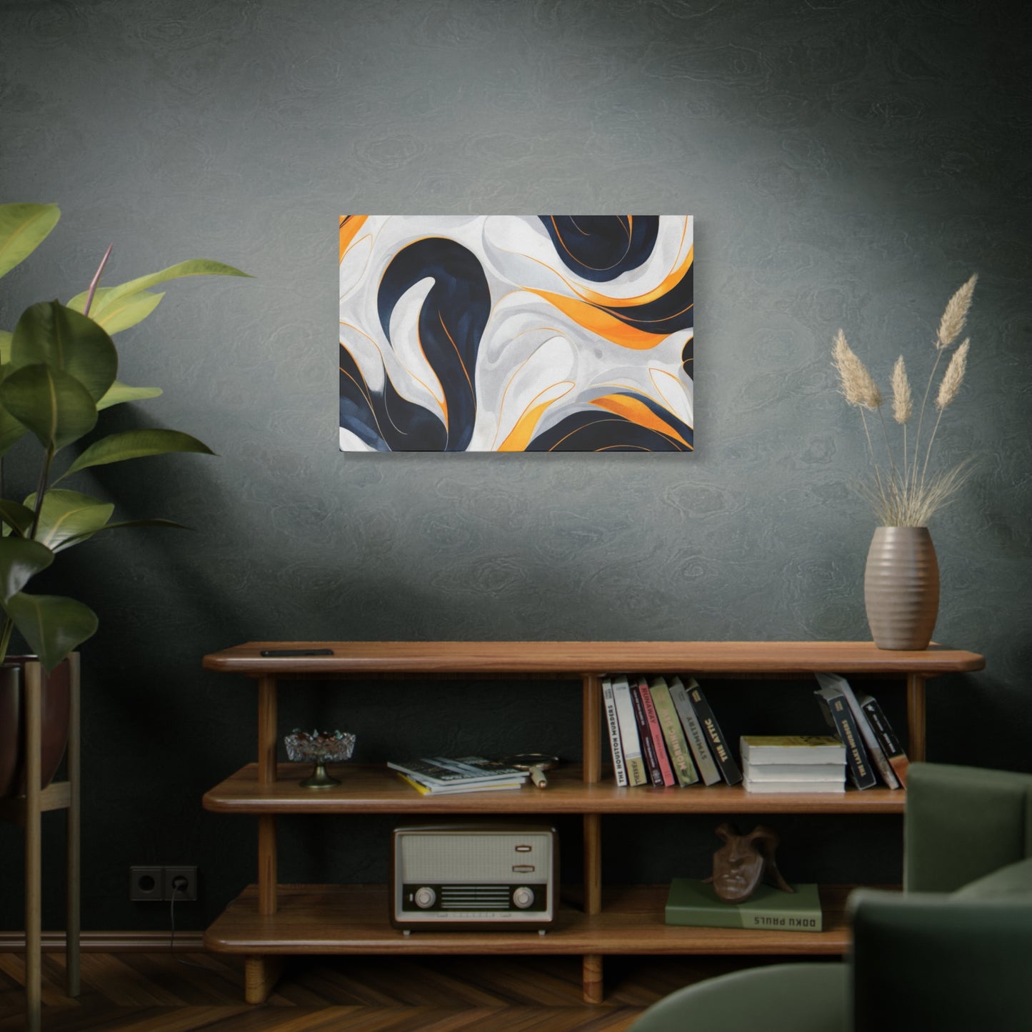 Abstract Fluid Art Matte Canvas Print — Navy, Gold & White Stretched Wall Art