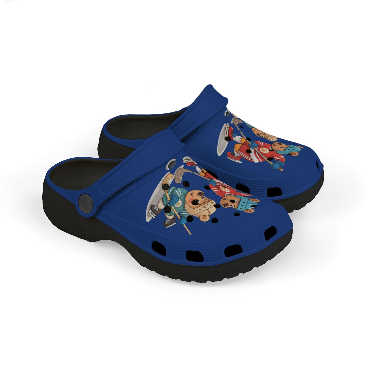 Kids Hockey Bear EVA Foam Clogs — Blue All-Over-Print Slip-On Shoes