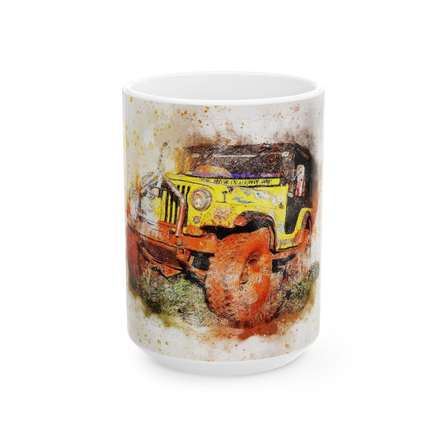 Vintage Jeep Art Ceramic Mug — Rustic Yellow Off-Road Truck Coffee Cup (11oz, 15oz)
