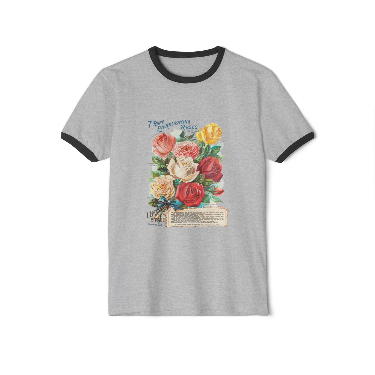 Ringer T-Shirt - Vintage Botanical Rose Bouquet (Includes Floral Text)